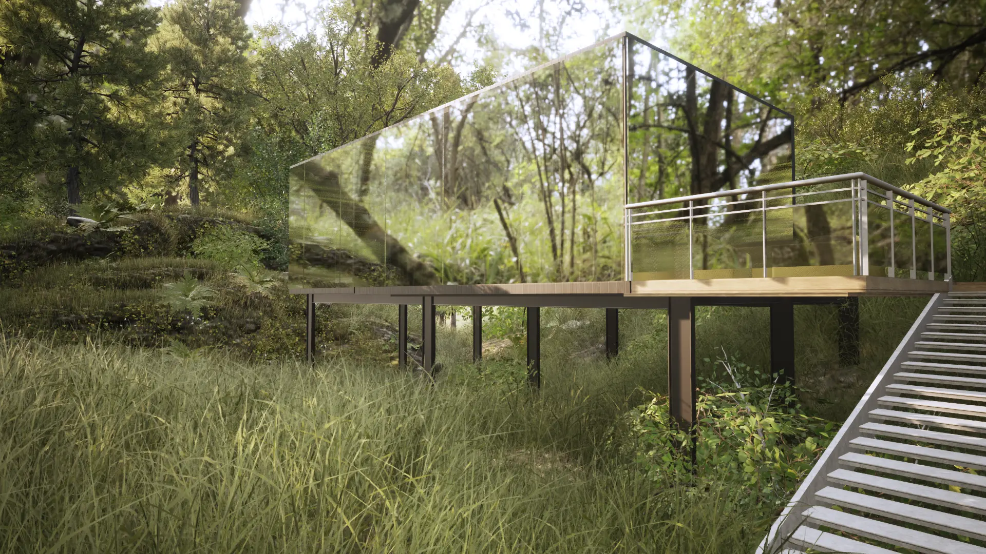 Mirror-glass forest house on steel stilts with timber deck, reflecting surrounding woodland