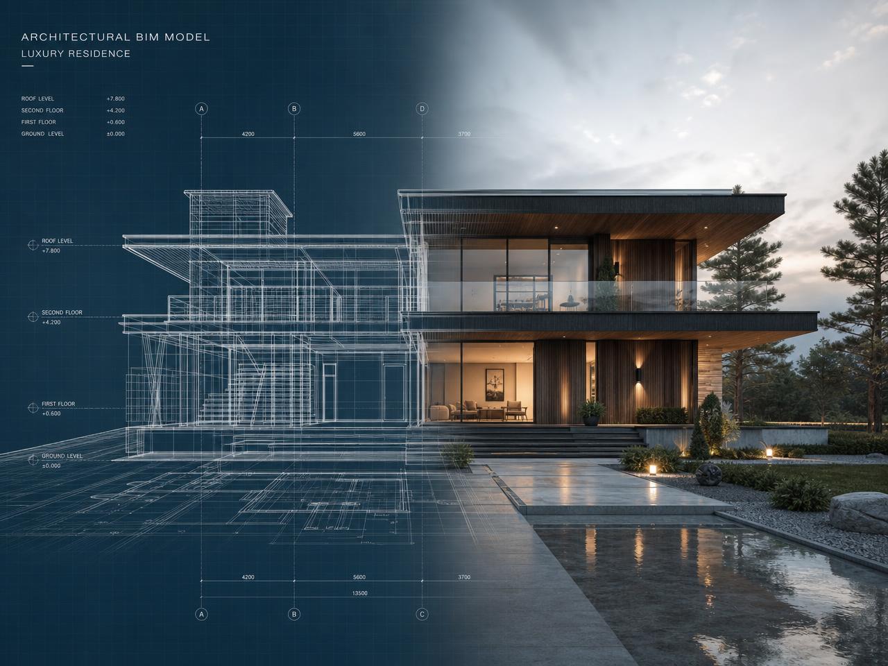 Luxury modern residence BIM visualization blending technical wireframe and photorealistic render