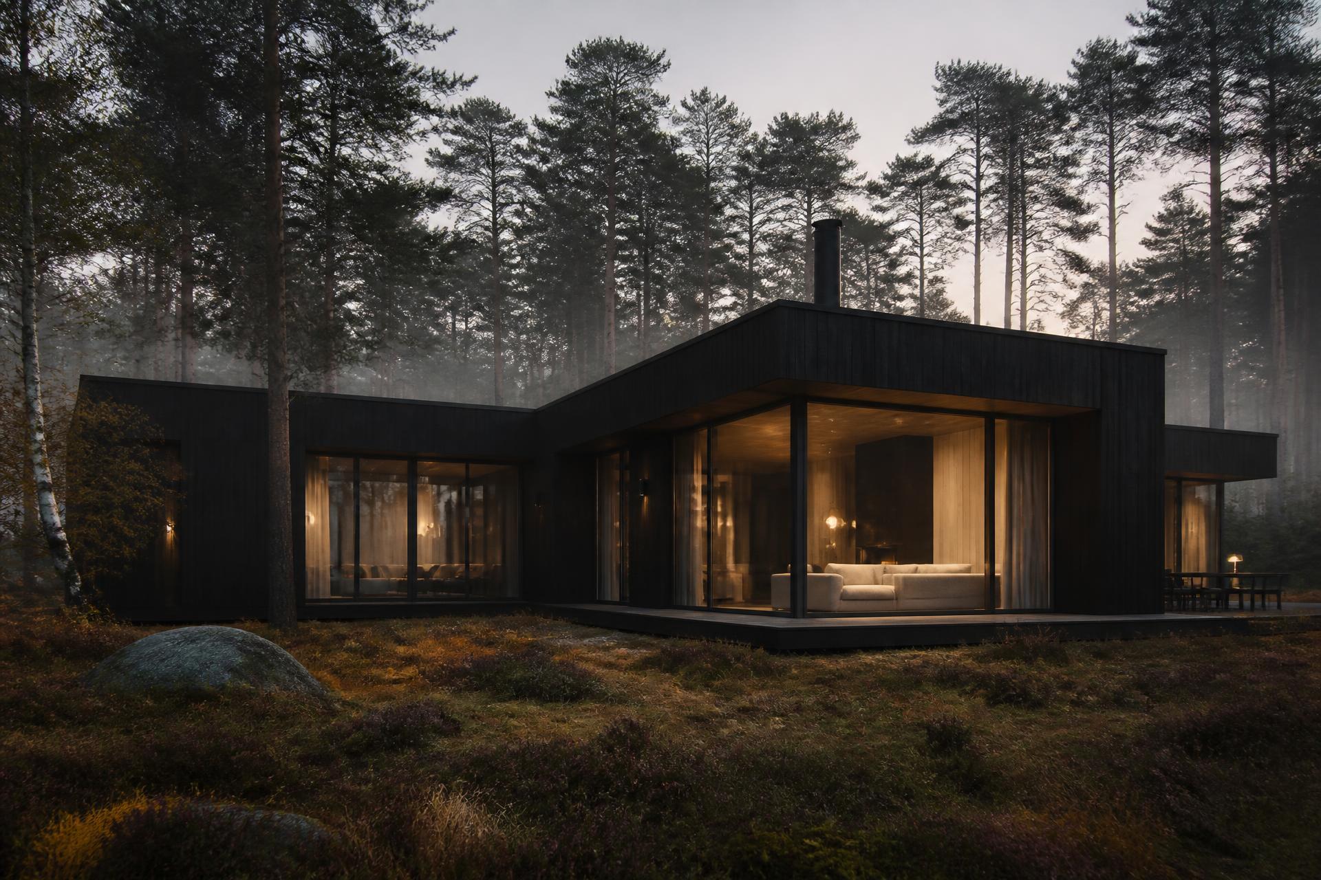 Modern Scandinavian house in a forest clearing at dusk with warm interior light
