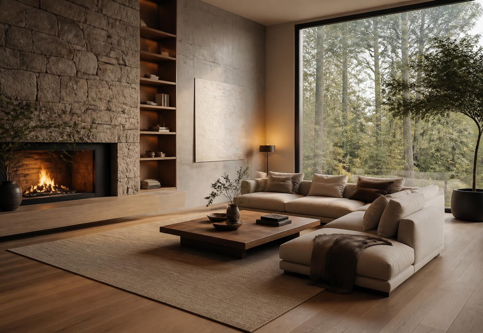 Warm minimalist living room with concrete wall, stone fireplace and floor-to-ceiling window