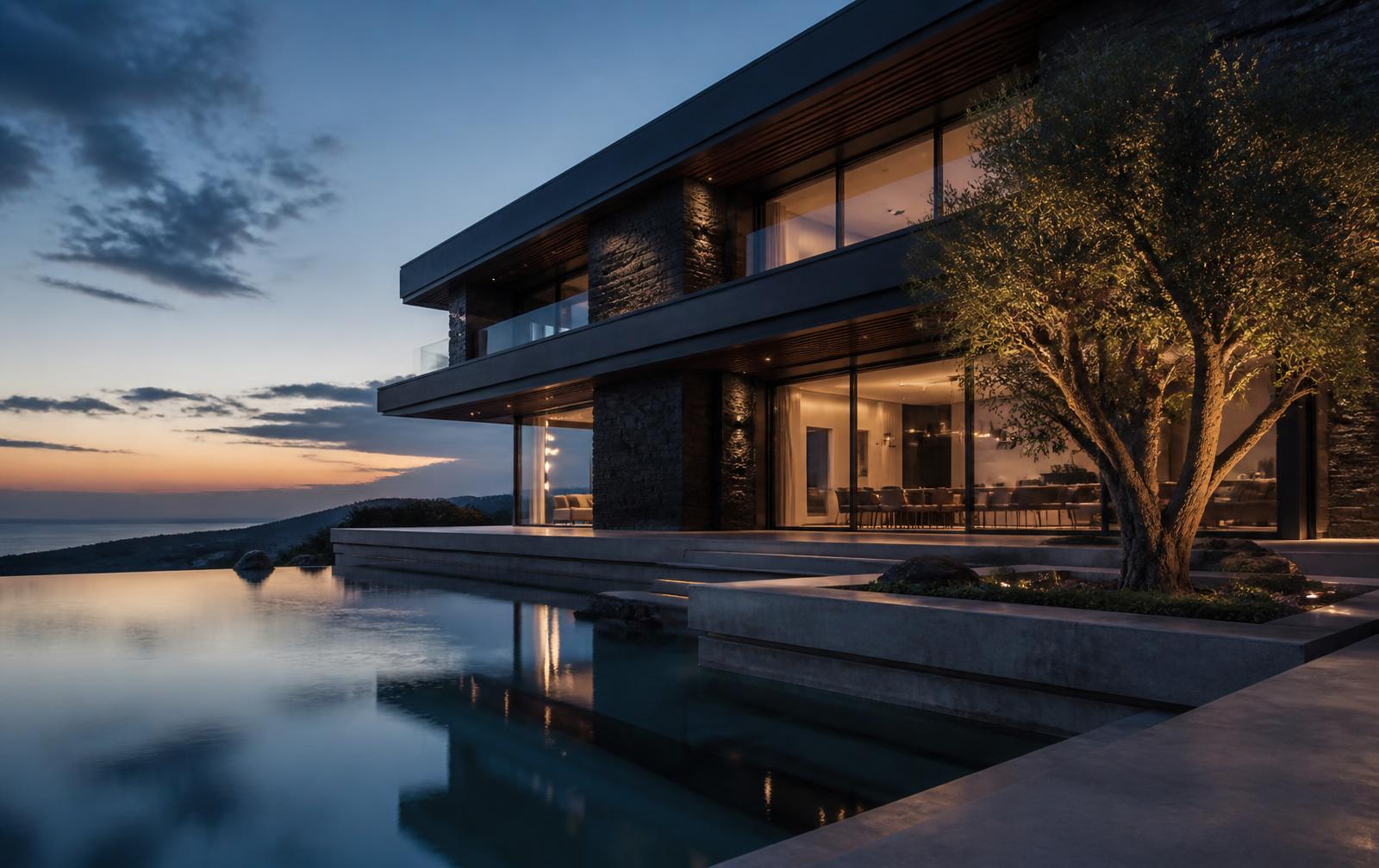 Infinity pool and stone terraces of a hillside villa surrounded by olive groves