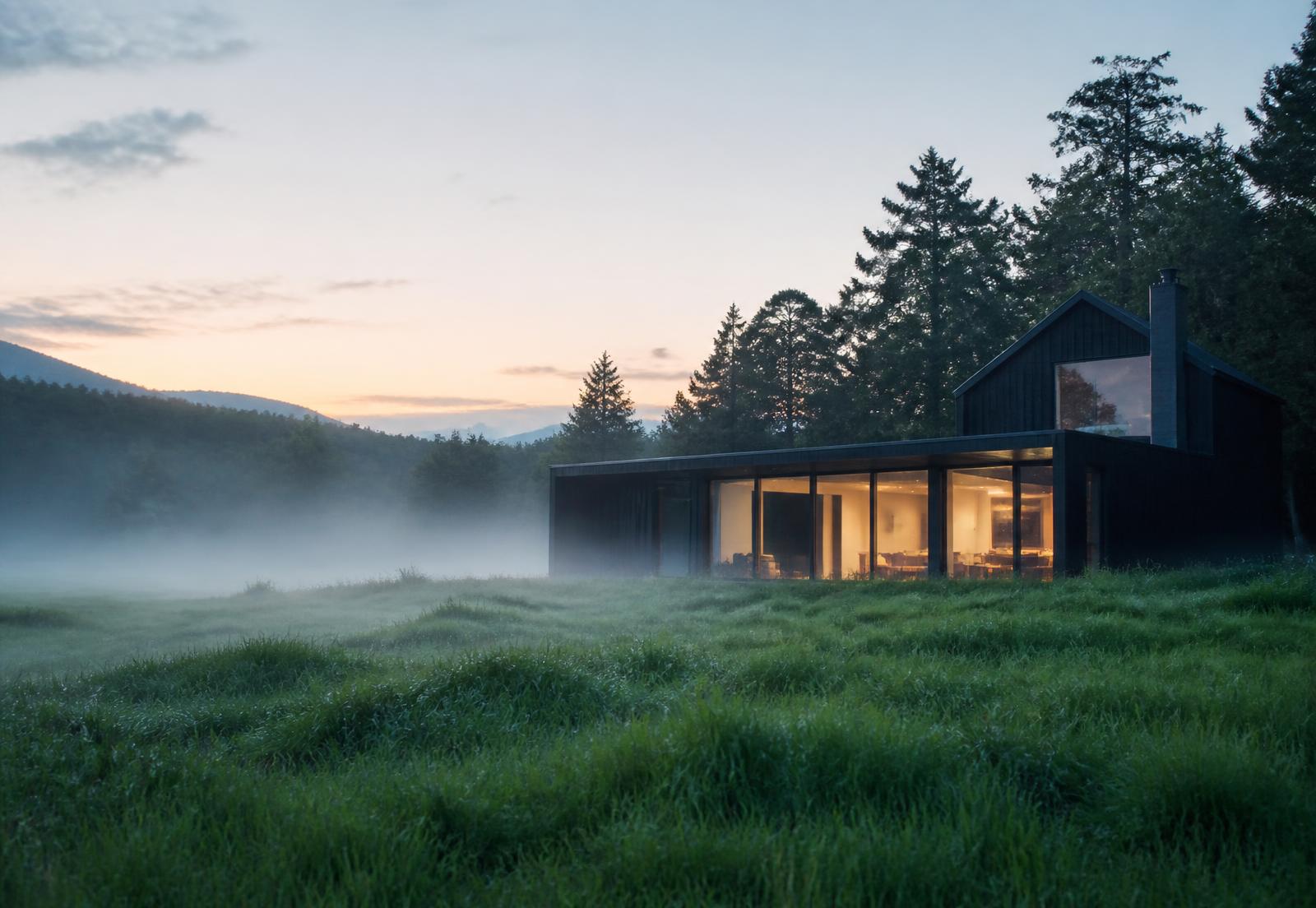 Countryside timber house standing in a misty meadow at dawn