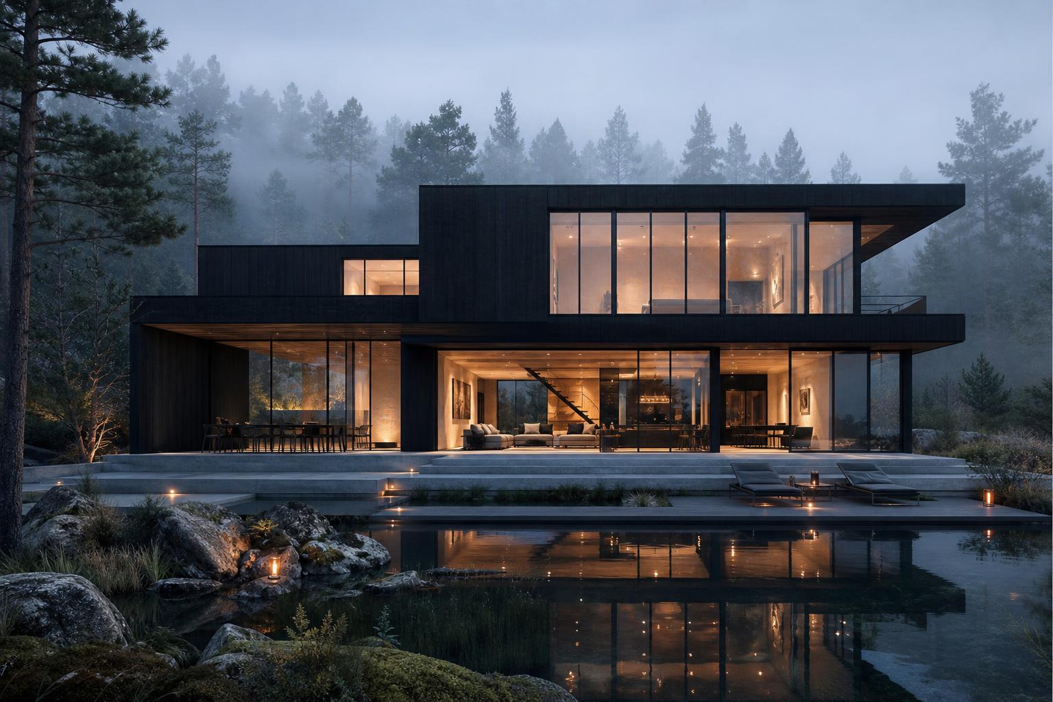 Luxury modern Scandinavian villa with dark wood cladding and glowing glass walls at twilight